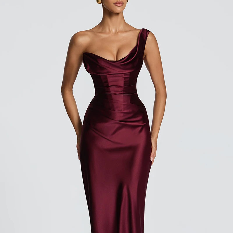 Glorol - One Shoulder Sleeveless Pleated Lace-Up Maxi Dress