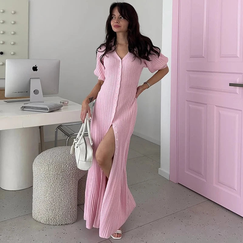 Glorol - Puff Sleeve Knitted Maxi Dress