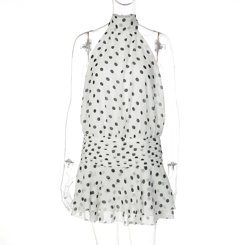 Glorol - Polka Dot Print Backless Lace Up Mini Dress