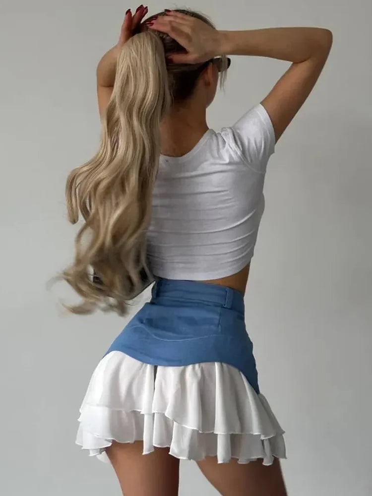 Glorol - High Waist Splice Denim Skirt