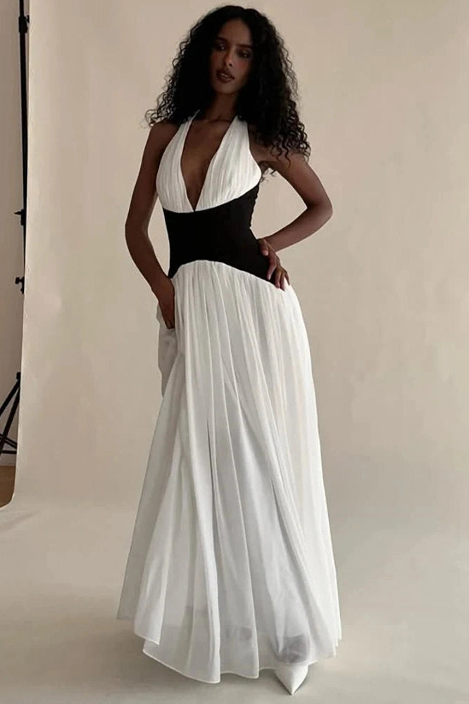 Glorol - Deep V Neck Backless Patchwork Sleeveless High Waist Maxi Dress
