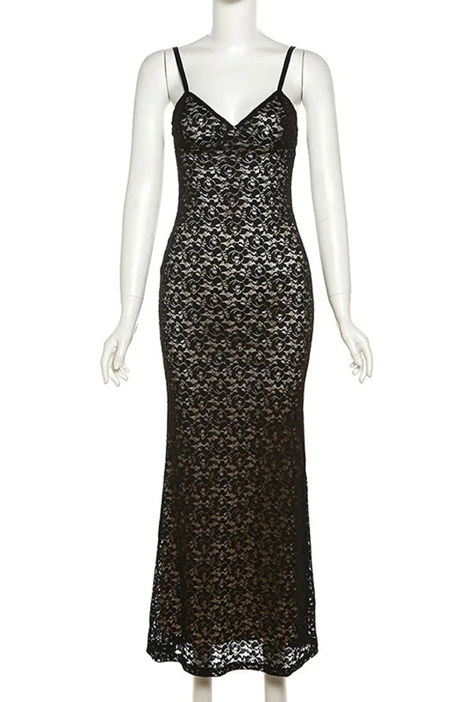 Glorol - Lace Hollow Out Backless Slim V-Neck Maxi Dress