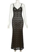 Glorol - Lace Hollow Out Backless Slim V-Neck Maxi Dress
