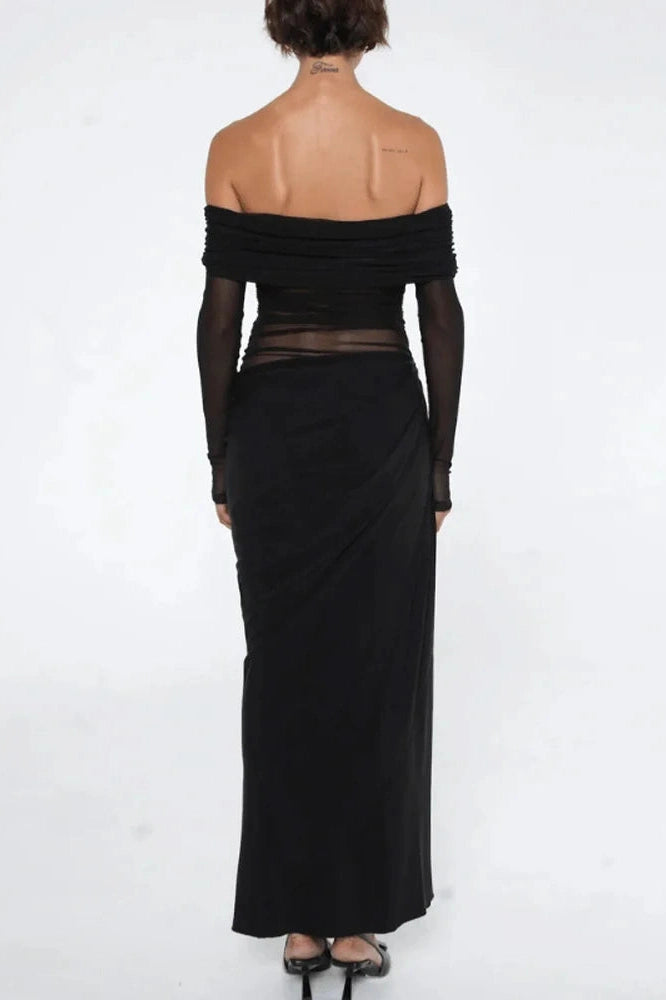 Glorol - See-Through Patchwork Off-Shoulder Long Sleeve Maxi Dress
