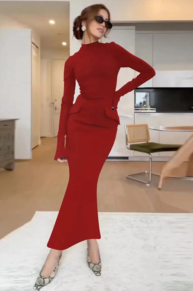 Glorol - Elegant Turtleneck Long Sleeve Maxi Dress