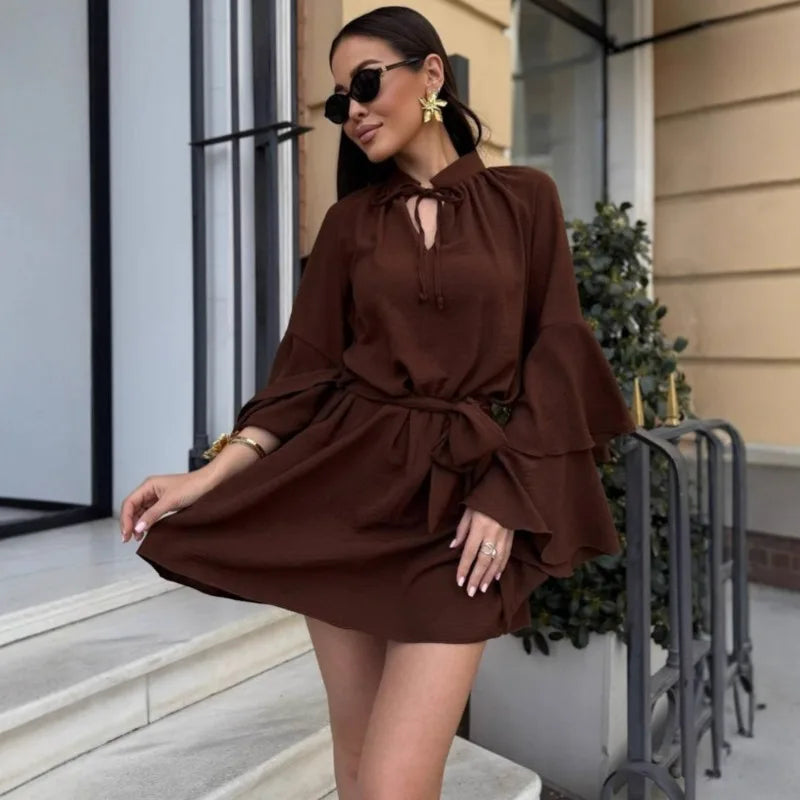 Glorol - Elegant V-Neck Lace Up Pleated Mini Dress