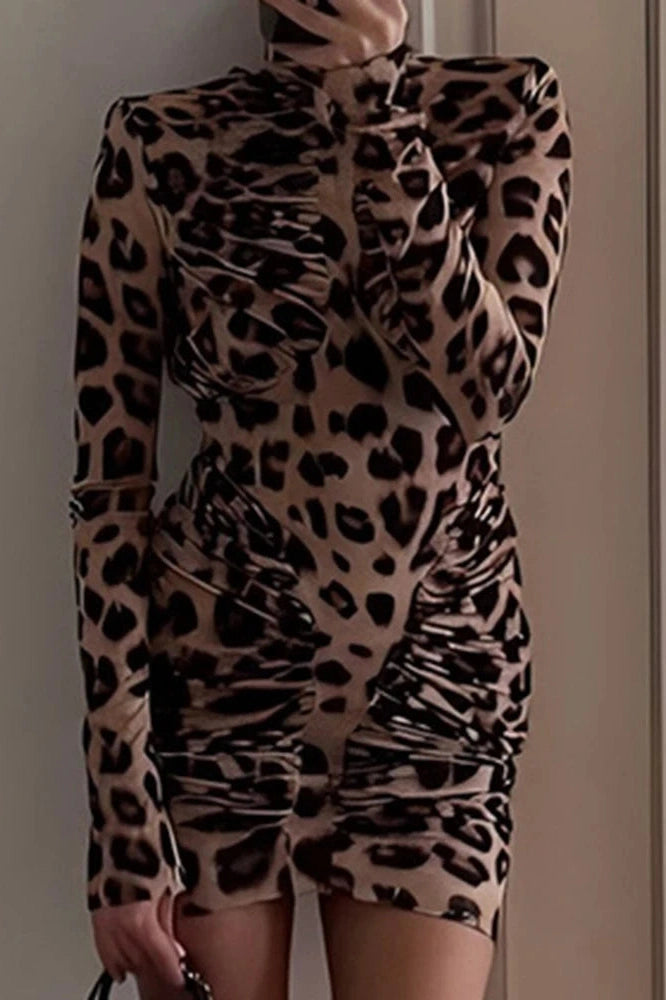 Glorol - Elegant Printed Slim High Waist Long Sleeve Mini Dress