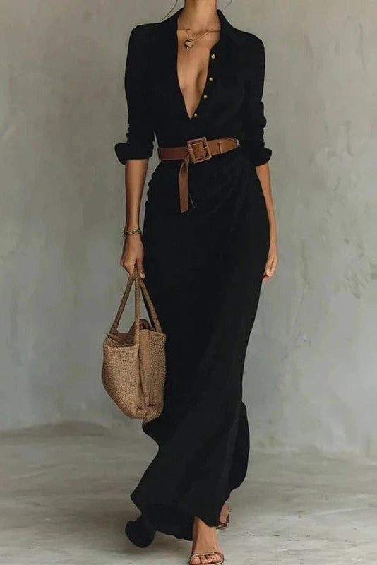 Glorol - Elegant Long Sleeve High Waist Single Breasted Maxi Dress