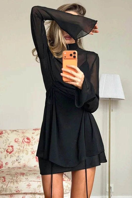 Glorol - Lace-Up See-Through Loose Long Sleeve Mini Dress