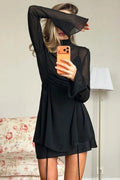 Glorol - Lace-Up See-Through Loose Long Sleeve Mini Dress