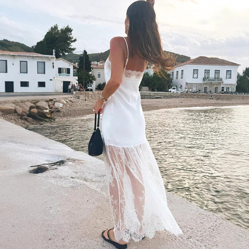 Glorol - Lace Patchwork Lace Up Backless Maxi Dress