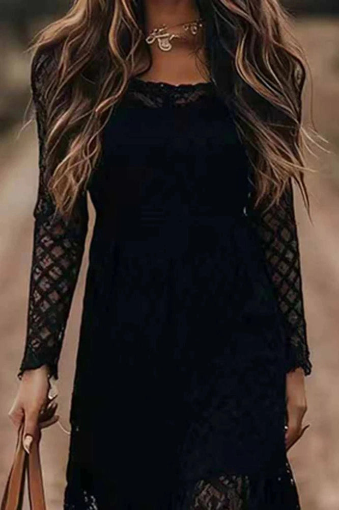 Glorol - Lace Embroidery U-Collar Long Sleeve High Waist Midi Dress