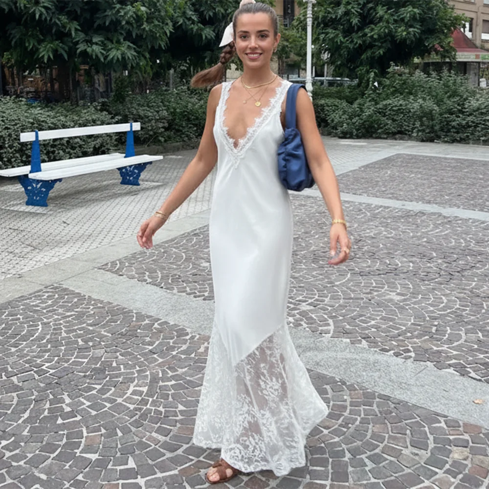Glorol - Lace Patchwork V Neck See Through Sleeveless Maxi Dress