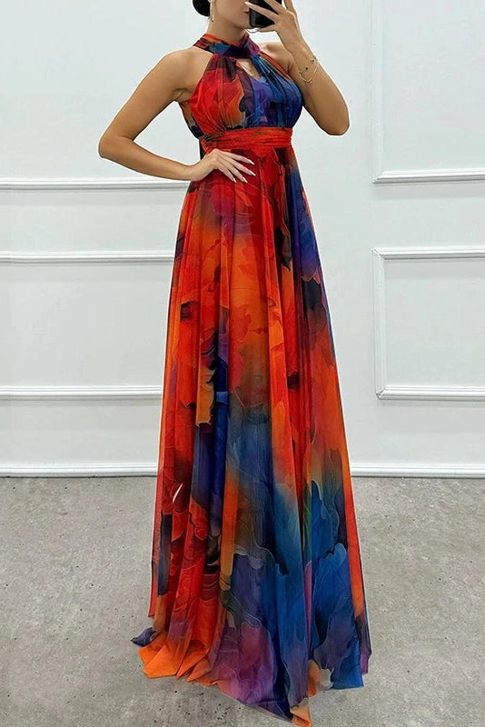 Glorol - Hollow Out Printed Sleeveless High Waist Maxi Dress