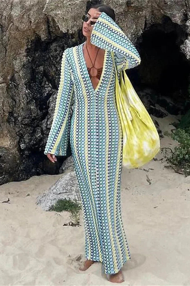 Glorol - Hollow Out V-Neck Long Sleeve Lace Patchwork Maxi Dress