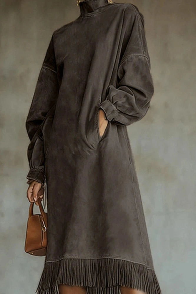 Glorol - Elegant High Collar Loose A-Line High Waist Pocket Midi Dress