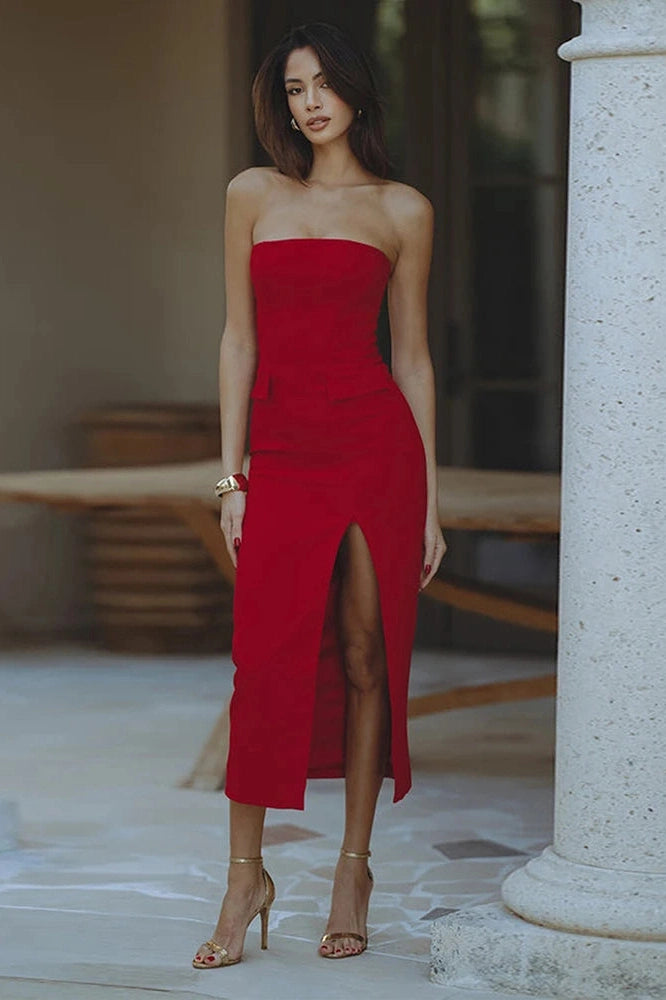 Glorol - Elegant Strapless Slit Sleeveless Slim High Waist Midi Dress