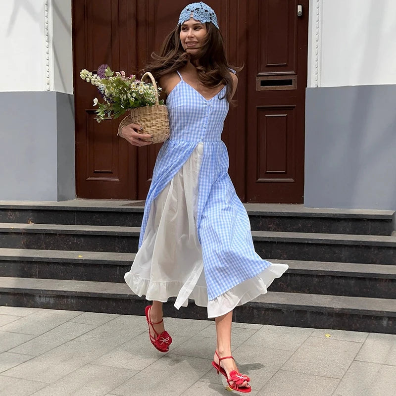 Glorol - Plaid Printed Single Breasted Maxi Dress