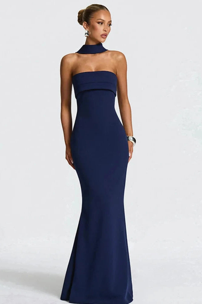 Glorol - Off-Shoulder Strapless Scarf Collar Sleeveless Backless Bodycon Maxi Dress