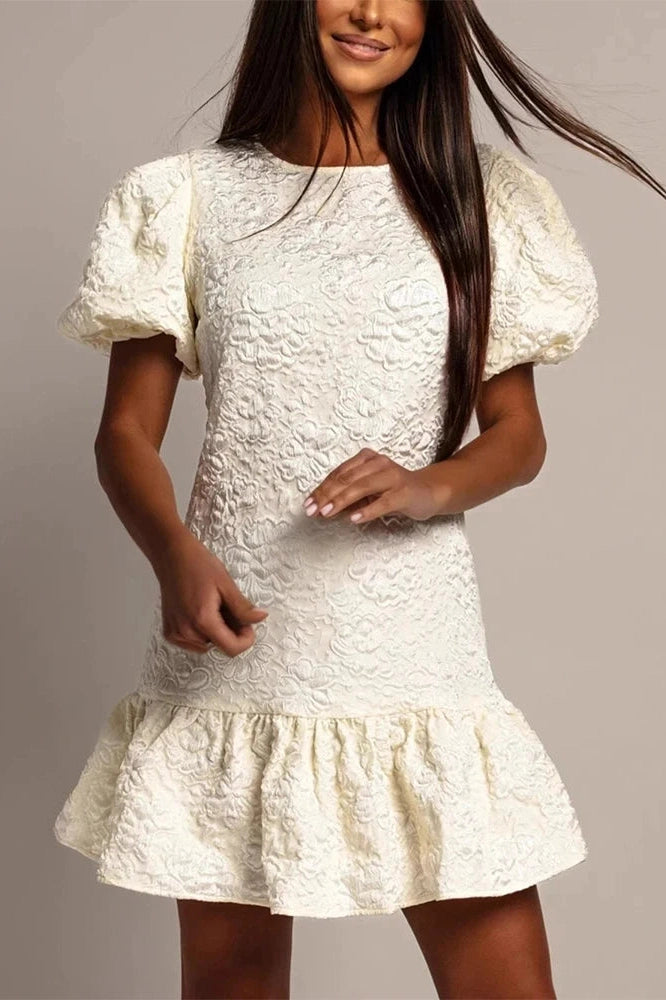 Glorol - Pleated Loose O-Neck Short Sleeve High Waist Mini Dress