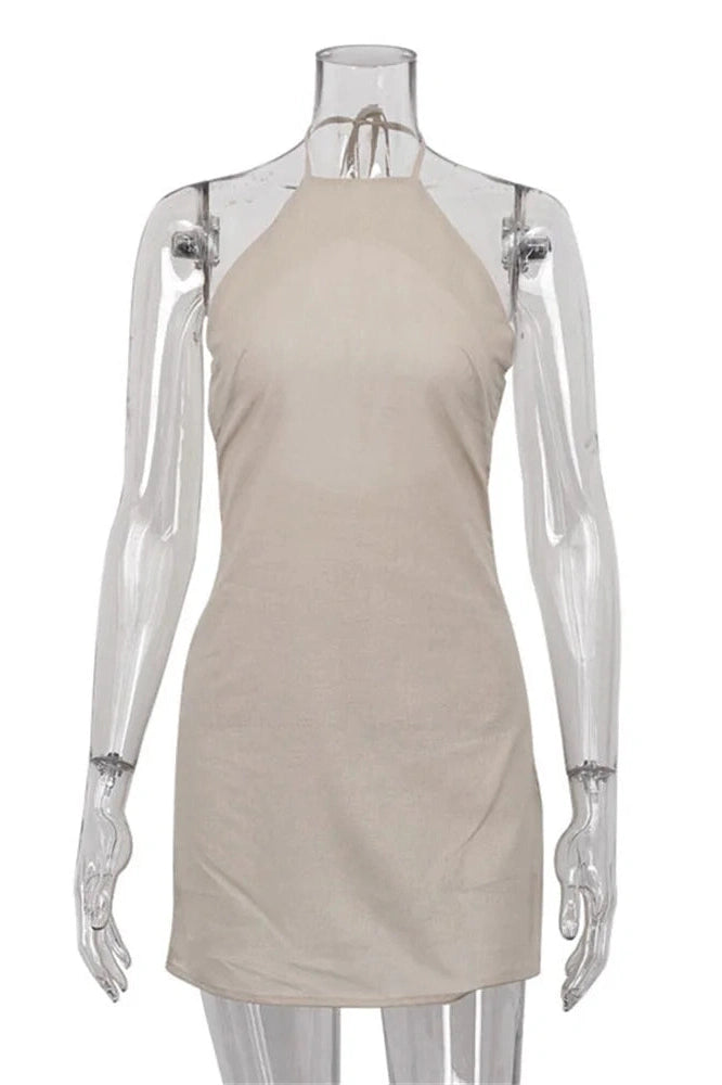 Glorol - Off-Shoulder Backless Lace-Up Patchwork Mini Dress