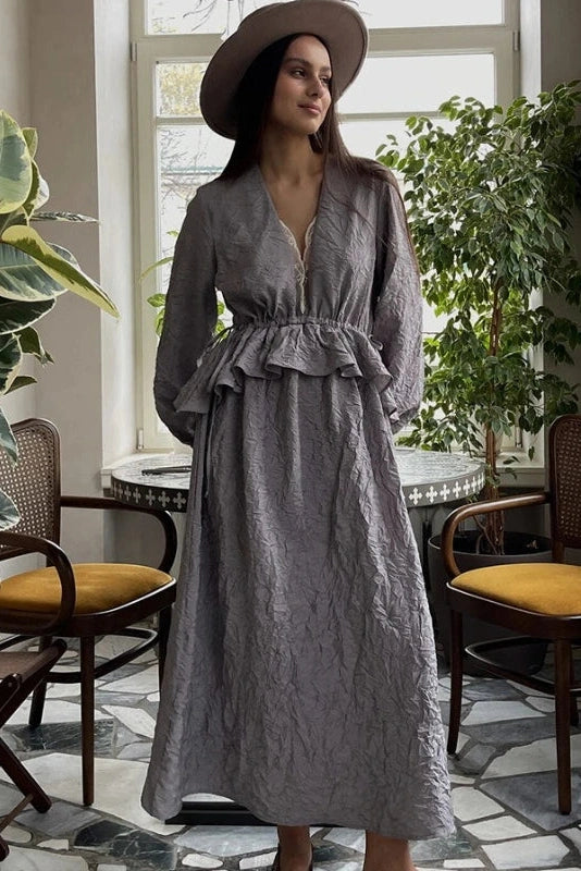 Glorol - Lantern Sleeves Lace V-Neck Midi Dress