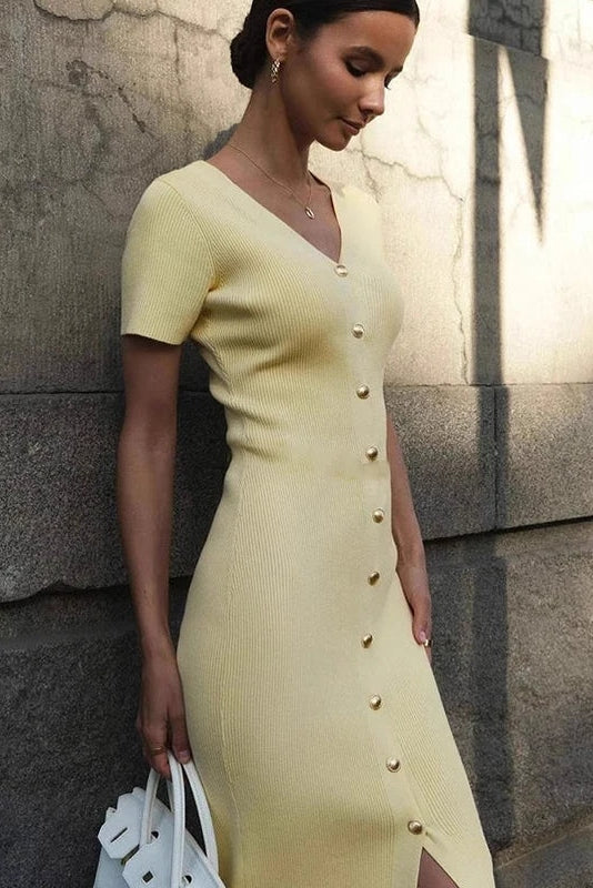 Knitted V Neck Short Sleeve Slim Midi Dress