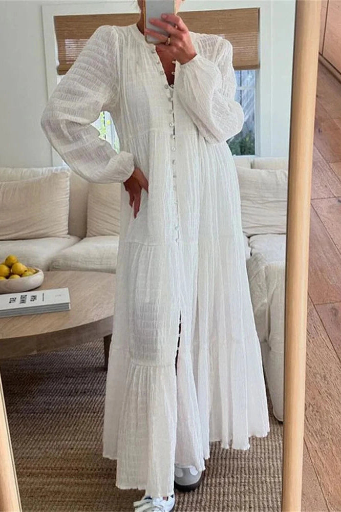 Glorol - Long Sleeve Patchwork Loose V-Neck Maxi Dress