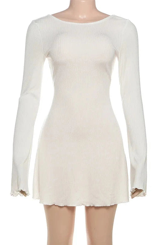 Glorol - Elegant Backless Round Neck High Waist Long Sleeve Mini Dress