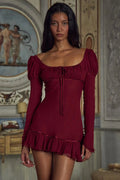 Glorol - Long Sleeve Square Collar Backless Lace-up Mini Dress