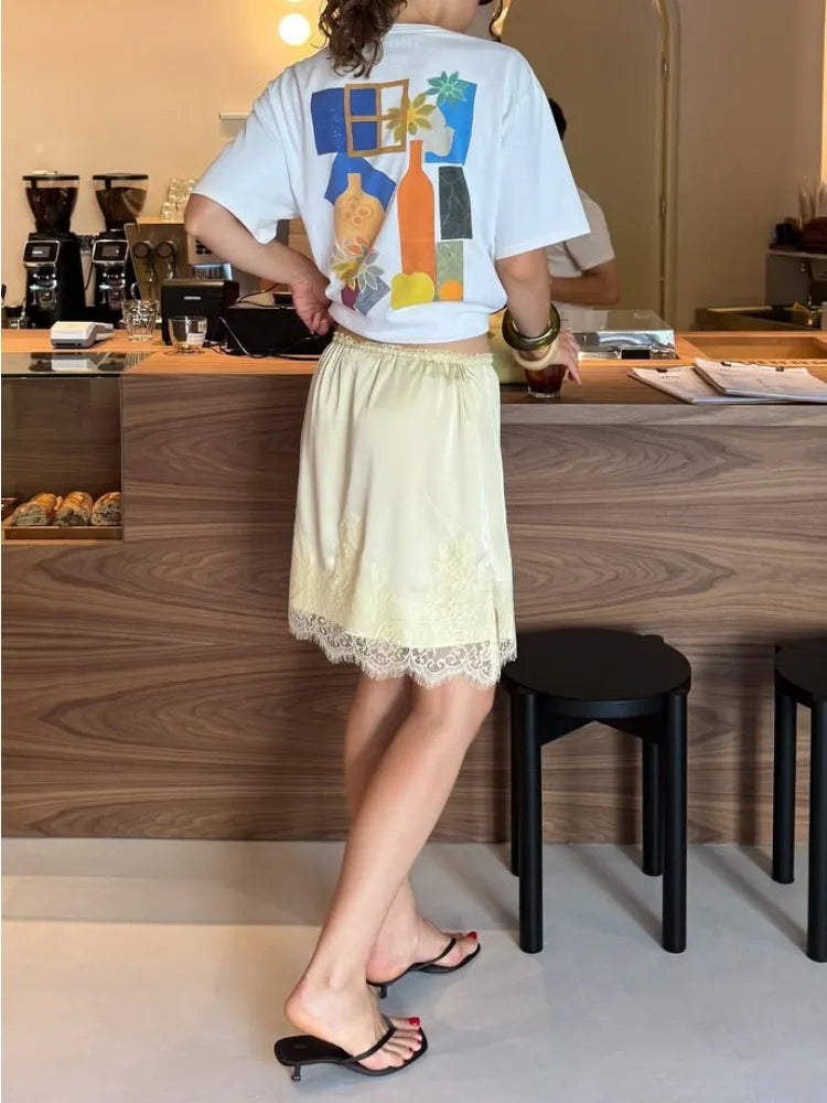 Glorol - High Waist Lace Patchwork Printed Skirt