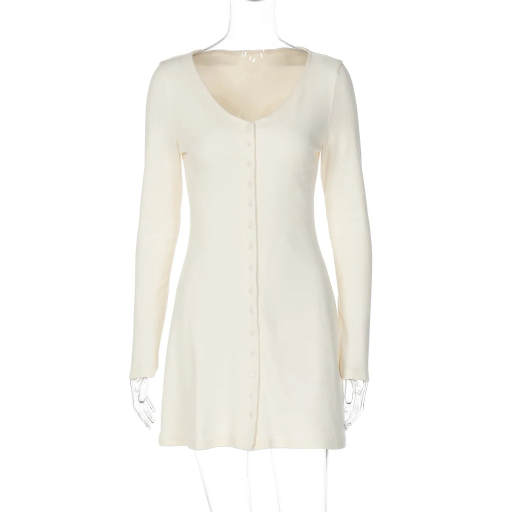 Glorol - Long Sleeve V Neck Single Breasted Slim Mini Dress