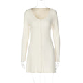 Glorol - Long Sleeve V Neck Single Breasted Slim Mini Dress