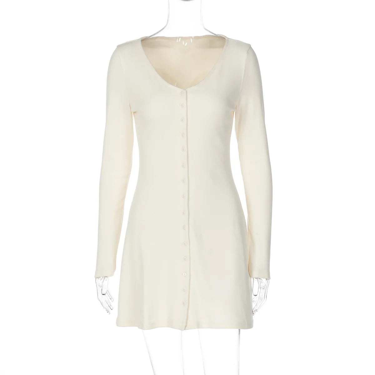 Glorol - Long Sleeve V Neck Single Breasted Slim Mini Dress