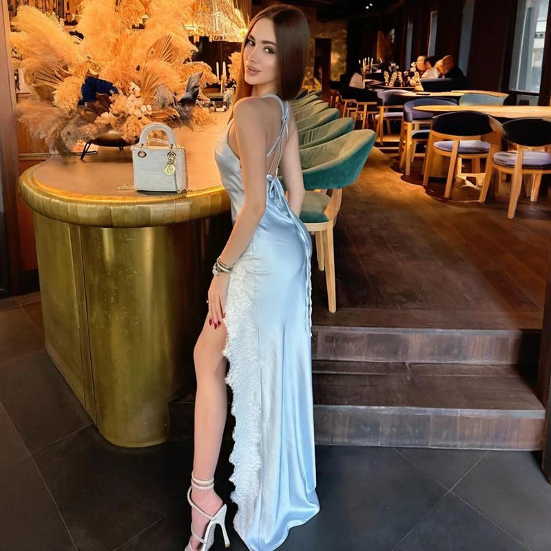 Glorol - Backless Spaghetti Strap Lace Up Slim Maxi Dress