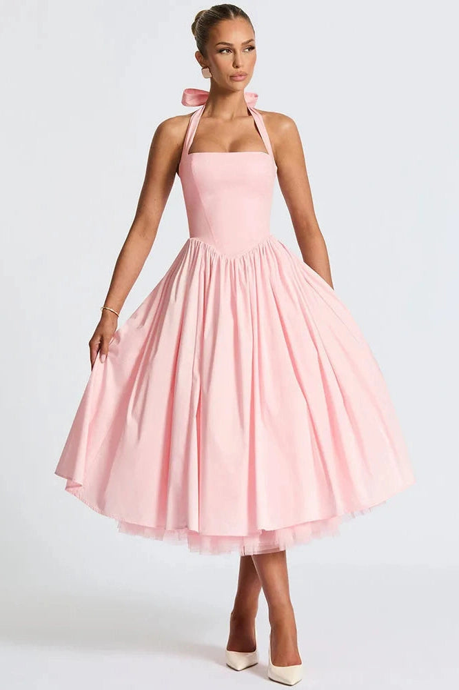 Glorol - Backless Square Collar Sleeveless High Waist A-Line Midi Dress