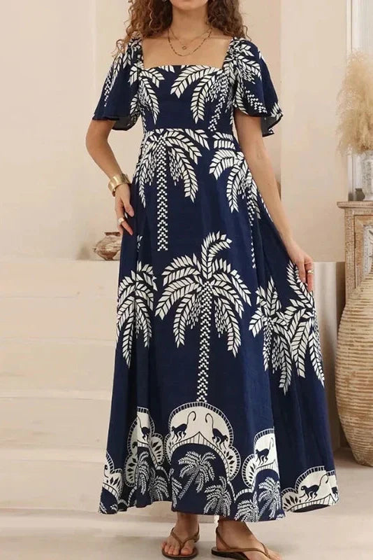 Square Collar Backless High Waist Pleated Printed Maxi Dress
