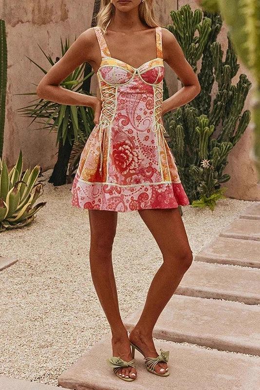 Glorol - Backless Pleated Printed Sleeveless Mini Dress