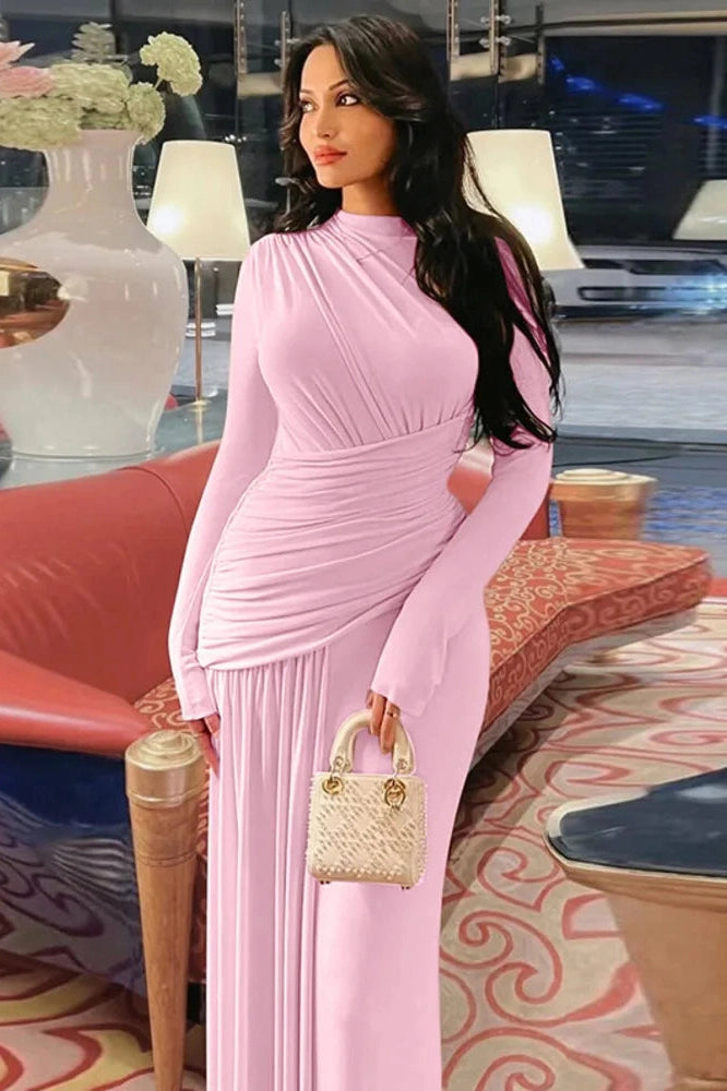 Glorol - Slim Long Sleeve O Neck Patchwork Pleated Irregular Maxi Dress
