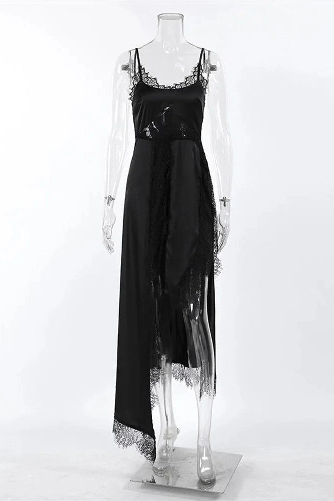 Glorol - Lace Patchwork Slim See-Through Printed Maxi Dress