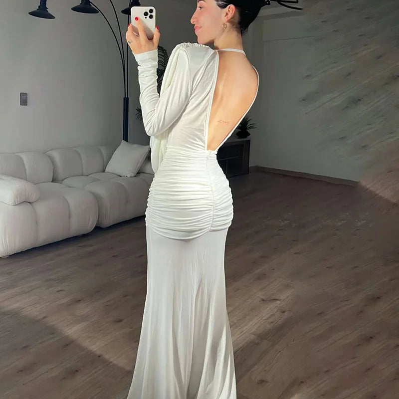 Glorol - Deep V-Neck See-Through Long Sleeve Maxi Dress