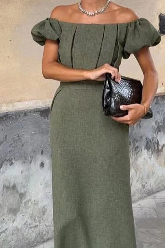 Glorol - Elegant Slim High Waist Off-Shoulder Puff Sleeve Maxi Dress