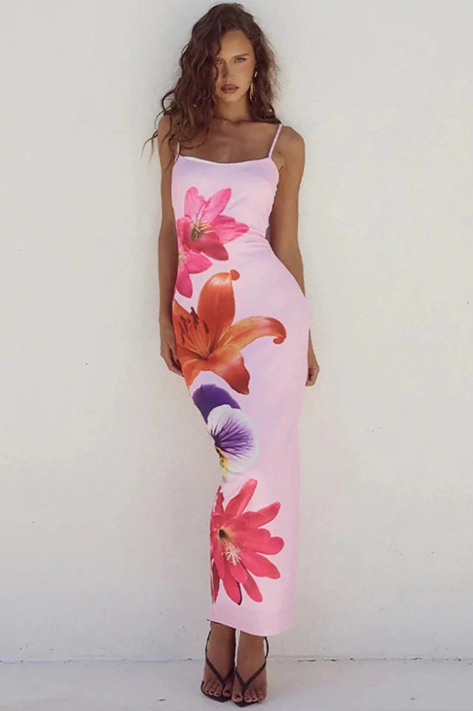 Glorol - Print Spaghetti Strap Sleeveless Backless Midi Dress