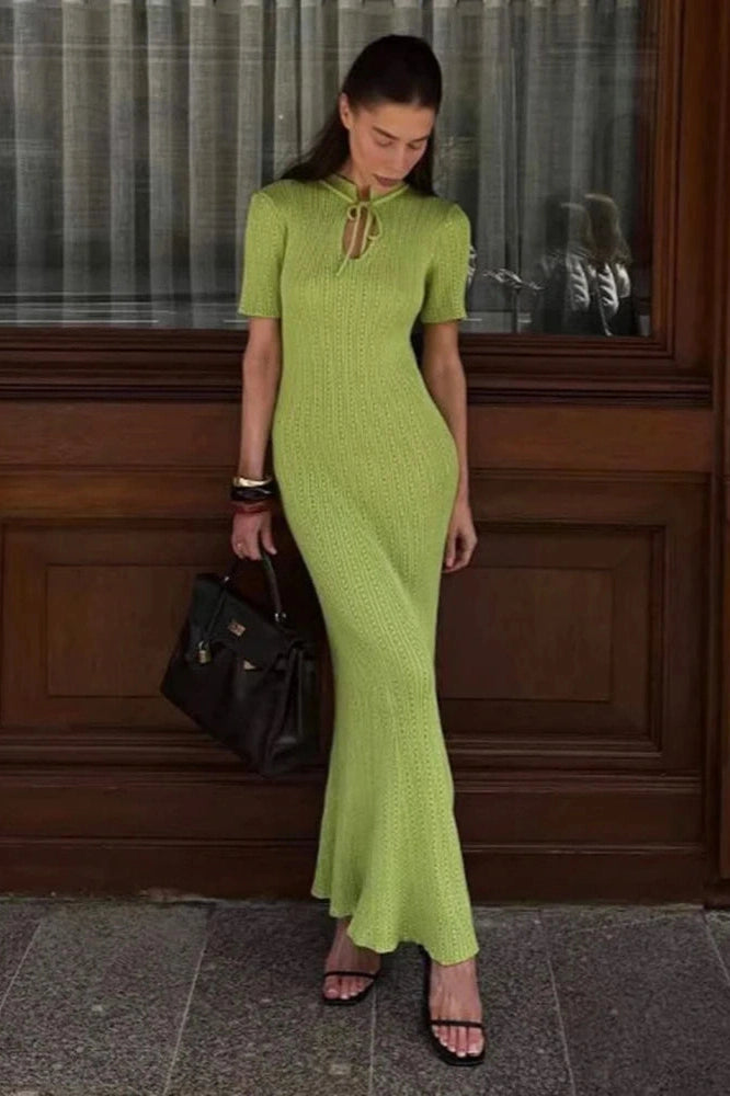 Glorol - Hollow-Out Short Sleeve Knitted Slim High Waist Maxi Dress