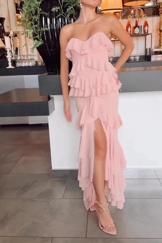 Glorol - Elegant High Waist Split Strapless Maxi Dress