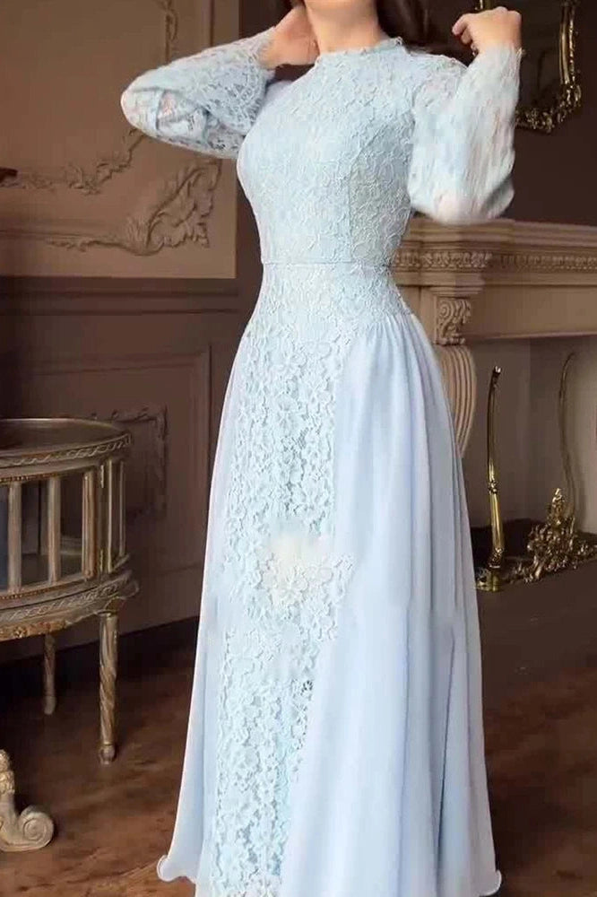 Glorol - O-Neck Long Sleeve Pleated High Waist Lace Maxi Dress