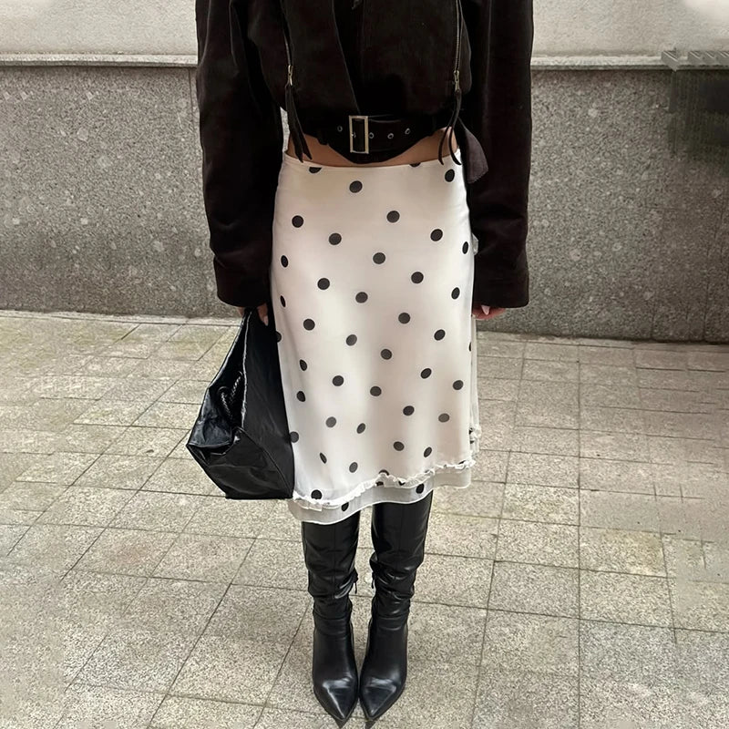 Glorol - High Waist Polka Dot Lace Splice Skirt