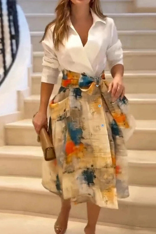 Glorol - Long Sleeve Lace Up Printed High Waist Pleated Midi Dress