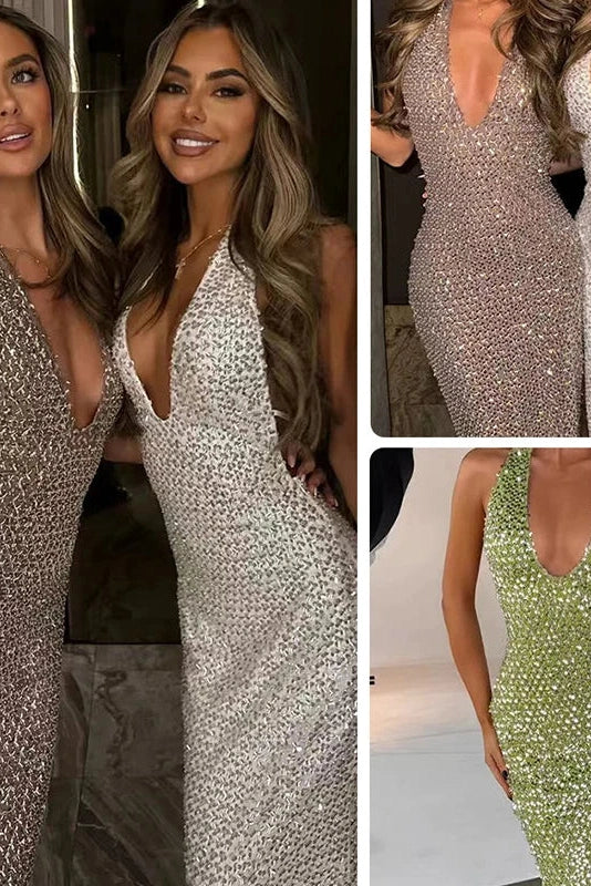 Deep V-Neck High Waist Slim Sleeveless Off Shoulder Backless Maxi Dress