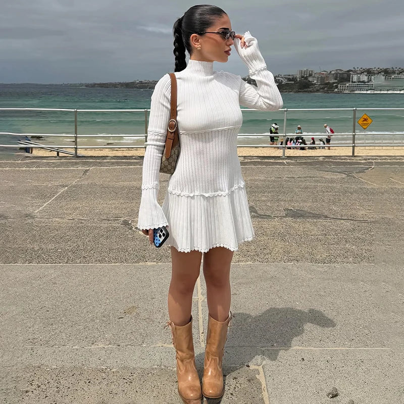 Glorol - Hollow Knitted Long Sleeve Slim Mini Dress